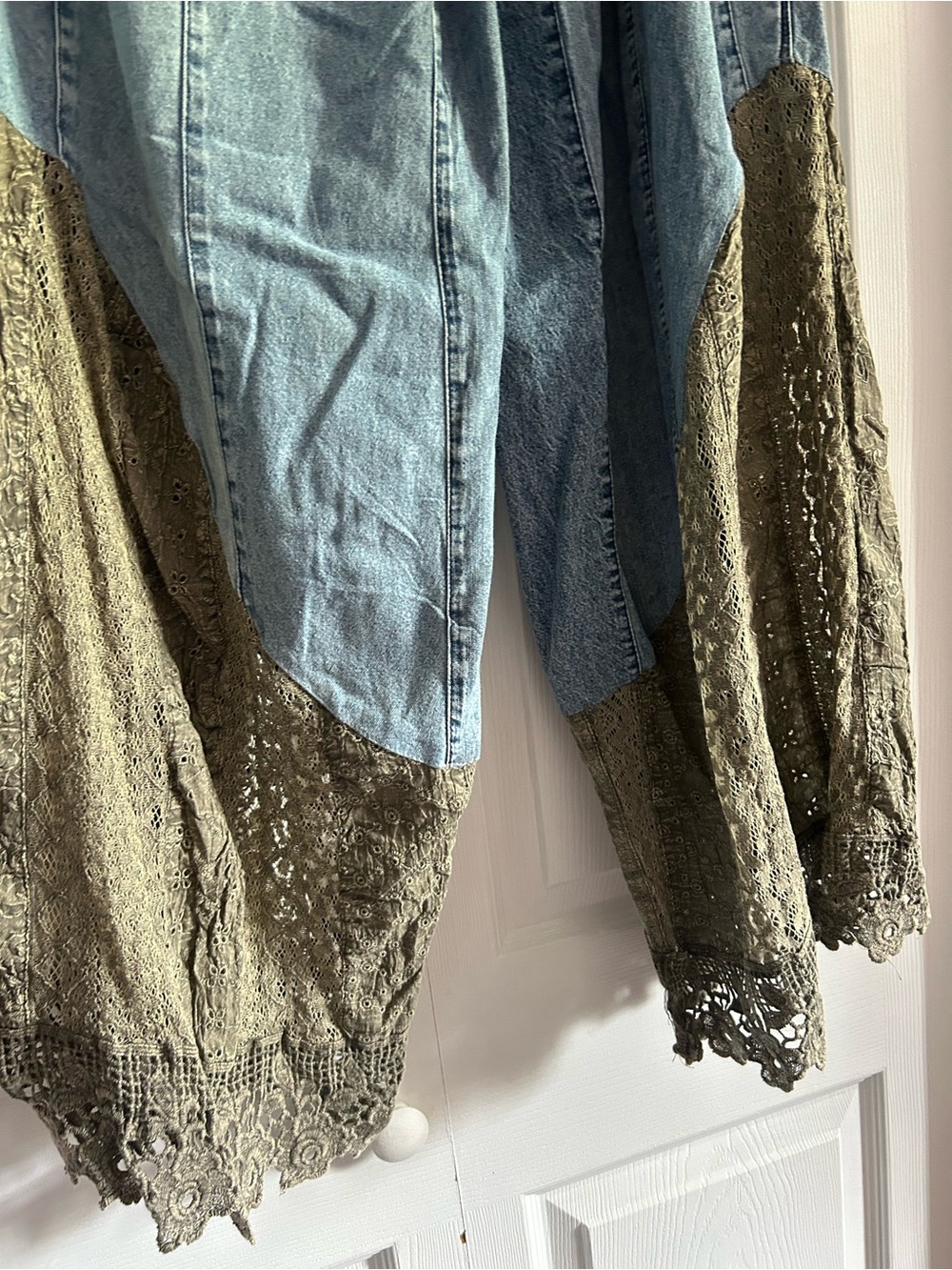 Wide Leg Pull-on Denim Pants with Olive Lace Hem - Picture 5 of 5